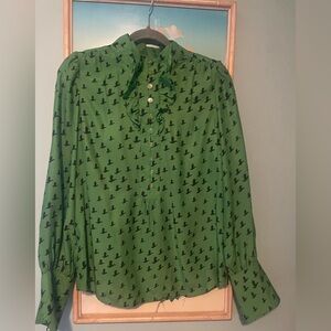 Juicy Couture Green and bird pattern blouse